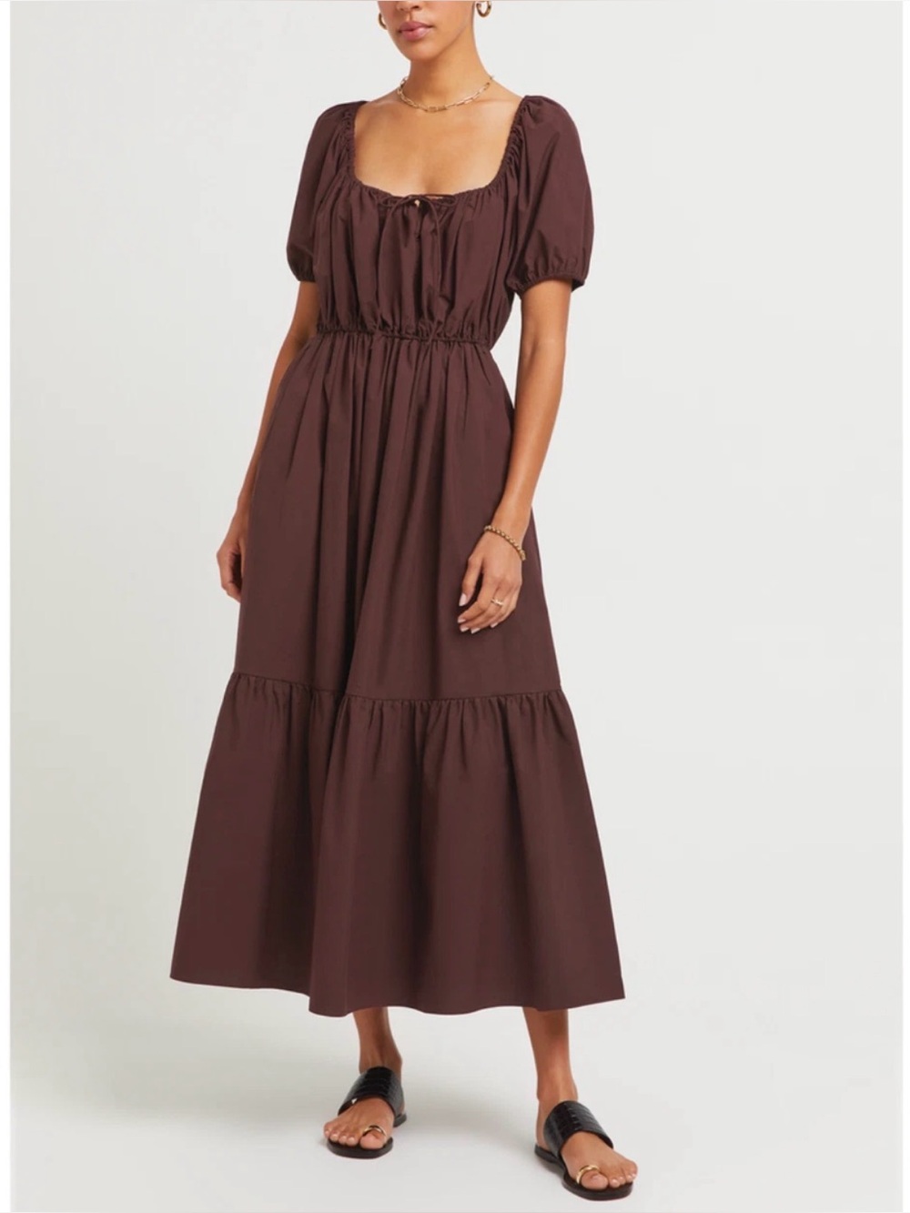 Matteau Brown Puff-Sleeve Tiered Maxi Dress